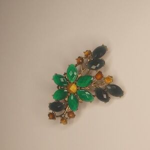Vintage green and yellow rhinestone flower brooch pin floral broach